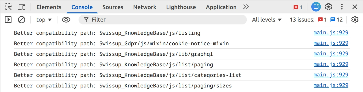 Developer console output